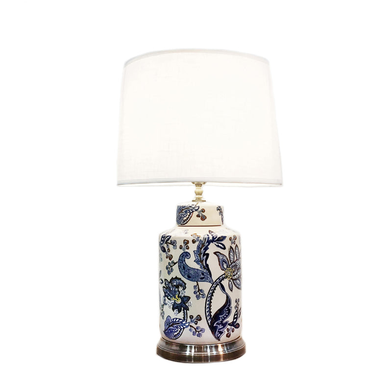 Cylindrical ceramic table lamp with blue & white paisley print