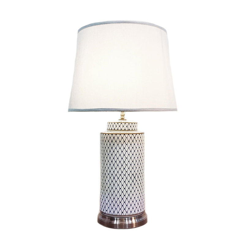 Tall round ceramic blue & white table lamp