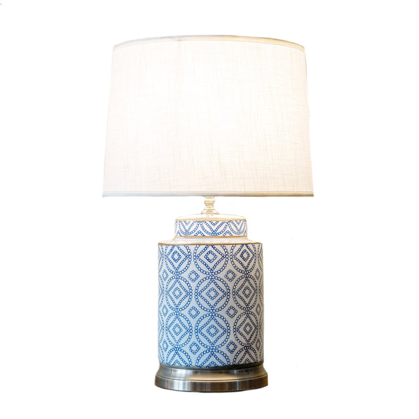 Round blue & white table lamp