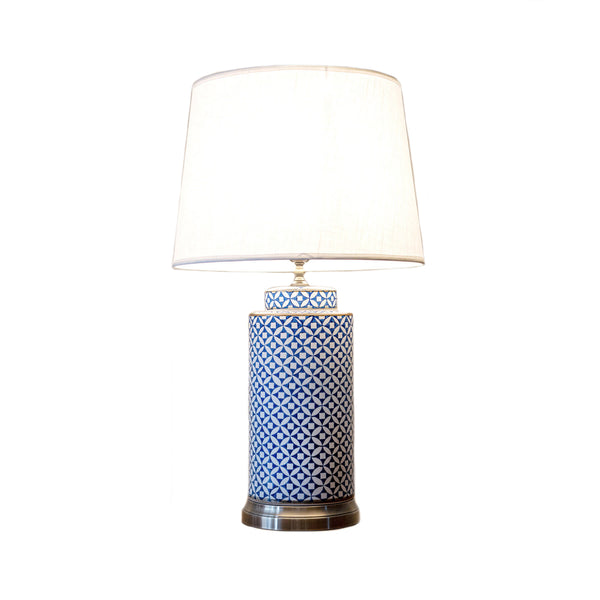 Tall round ceramic blue & white table lamp