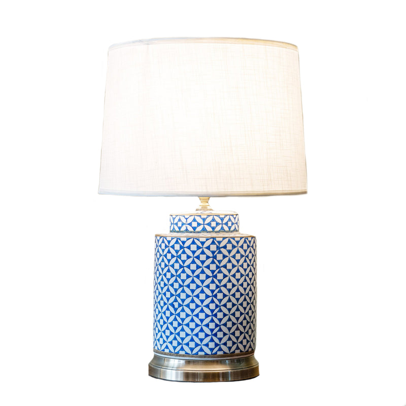 Round blue & white table lamp