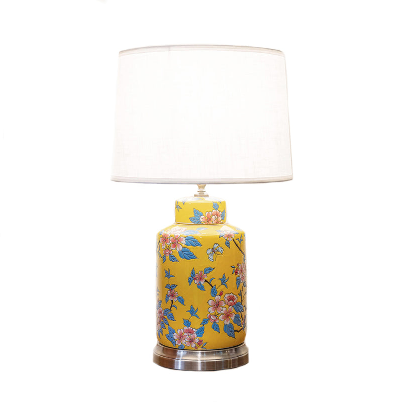 Round ceramic table lamp with floral designs
