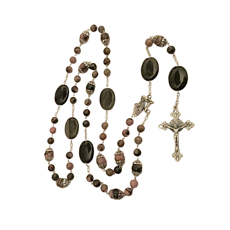 Rosary Necklace With Rhodonite & Obsidian