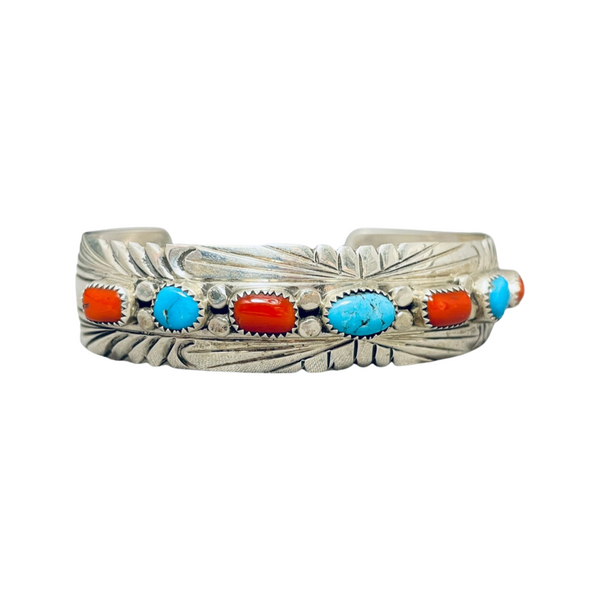 VINTAGE NAVAJO 3 KINGMAN TURQUOISE 4 CORALS STERLING SILVER BRACELET