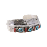 Vintage Navajo Sterling Silver Feather Bangle Cuff with Red Coral & Turquoise