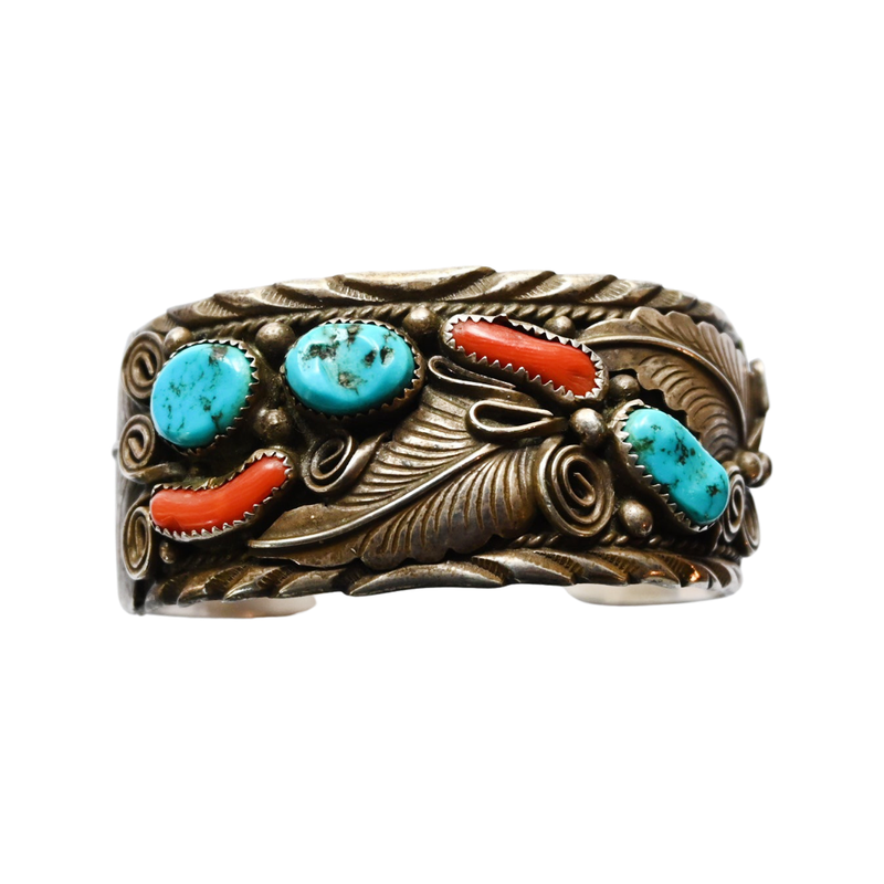 Vintage Signed (Mike Thomas Jr) Navajo Sterling Silver, Coral & Kingman Turquoise Cuff Bracelet