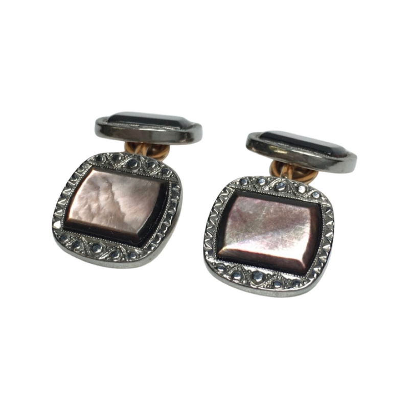 Vintage Art Deco Krementz Gold Filled with Platinum Inlay Rims and Abalone Shell Dress Stud Set