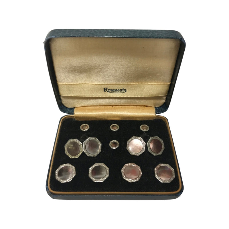 Vintage Krementz Gold Filled Platinum Inlay Rims with Mother of Pearl Dress Stud Set