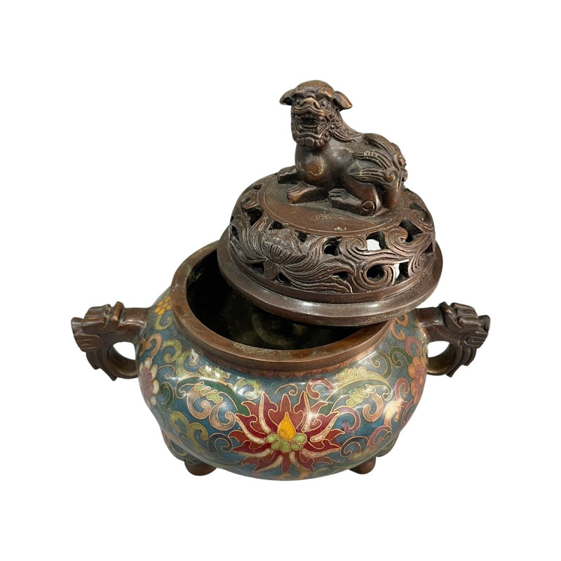 Copper Cloisonné Enamel Lion Cover Incense Burner