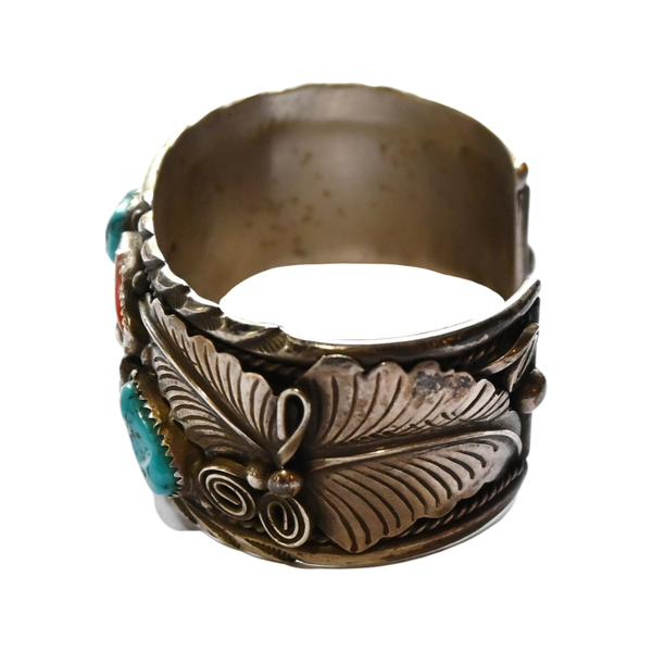 Vintage Signed (Mike Thomas Jr) Navajo Sterling Silver, Coral & Kingman Turquoise Cuff Bracelet
