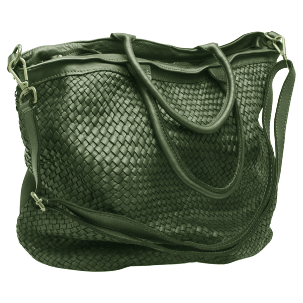 Soft Woven Leather Shoulder Bag - Olive