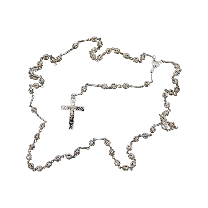 Antique Sterling Silver Catholic Rosary Filigree Set