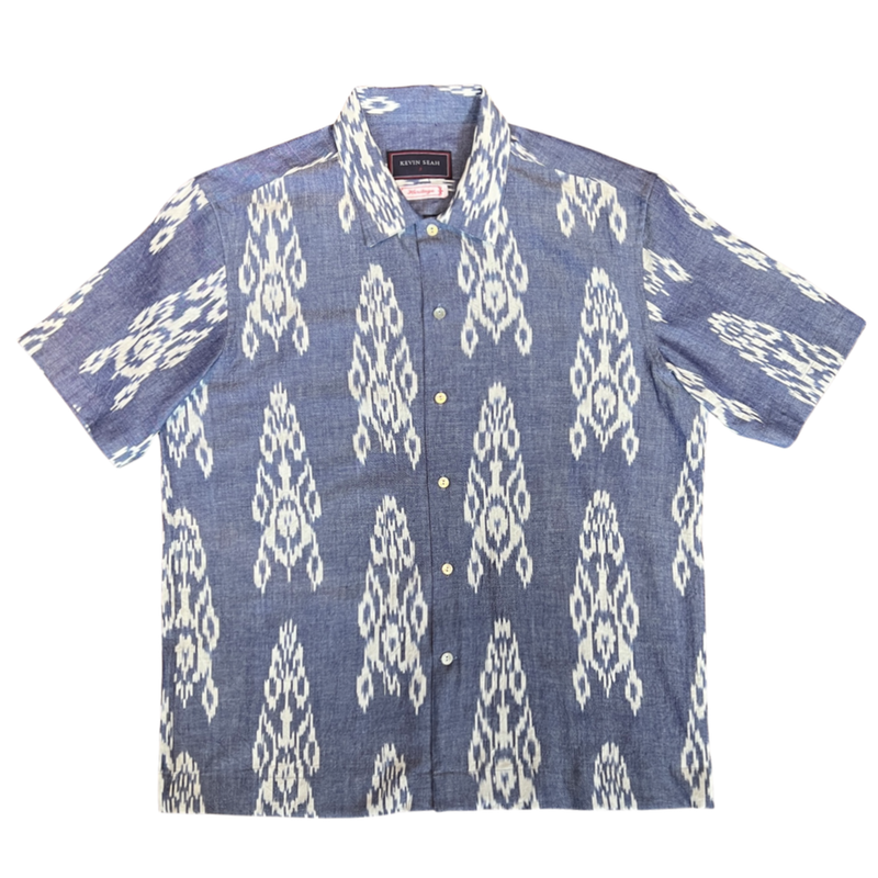 Hand Loomed Ikat Short Sleeve Shirt - Blue / White