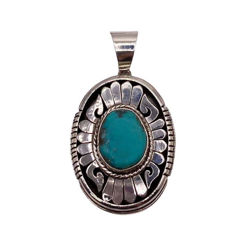 Navajo Handmade Kingman Turquoise Pendant Set In Sterling Silver