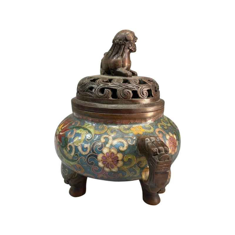 Copper Cloisonné Enamel Lion Cover Incense Burner