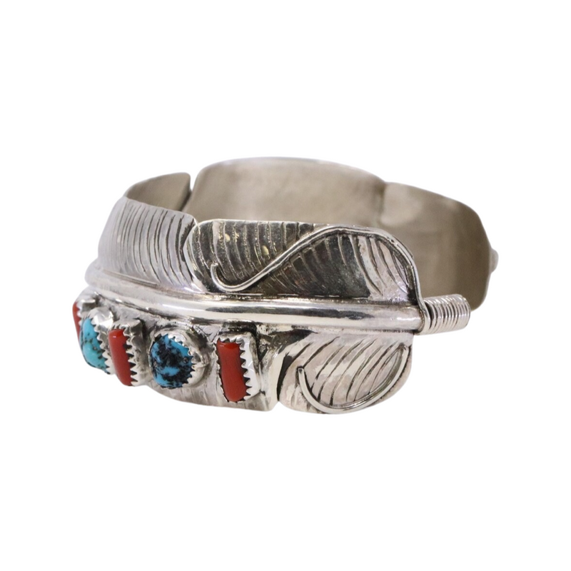 Vintage Navajo Sterling Silver Feather Bangle Cuff with Red Coral & Turquoise