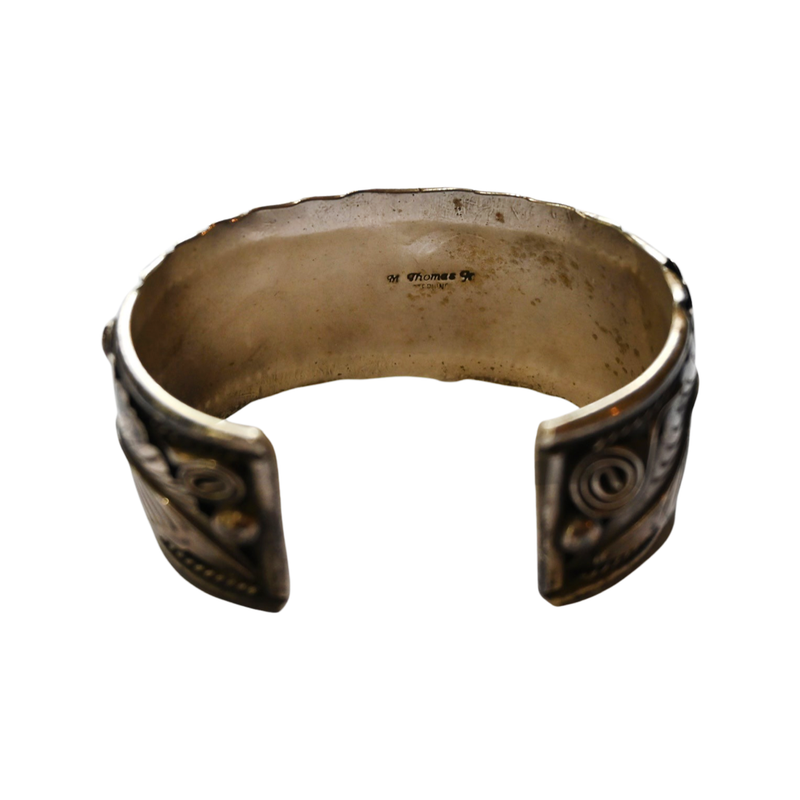 Vintage Signed (Mike Thomas Jr) Navajo Sterling Silver, Coral & Kingman Turquoise Cuff Bracelet