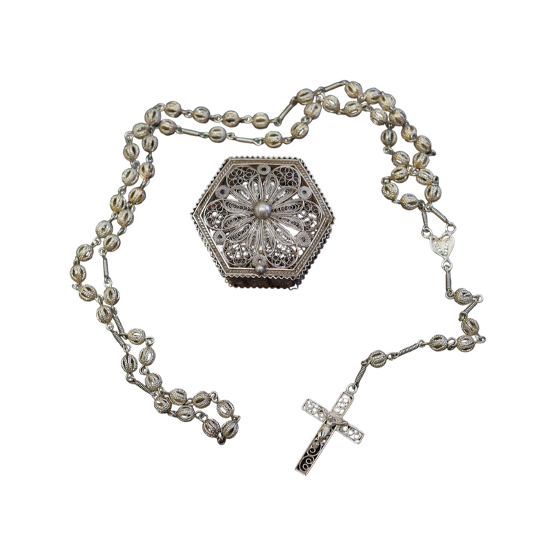 Antique Sterling Silver Catholic Rosary Filigree Set
