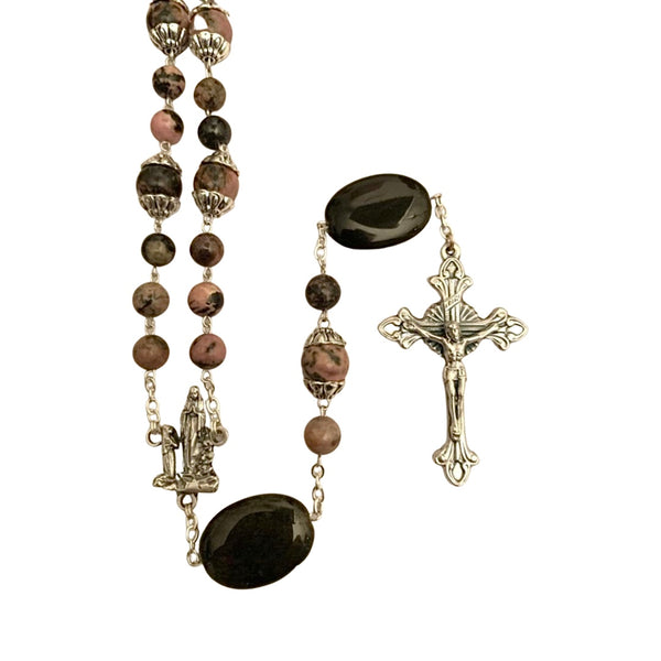 Rosary Necklace With Rhodonite & Obsidian