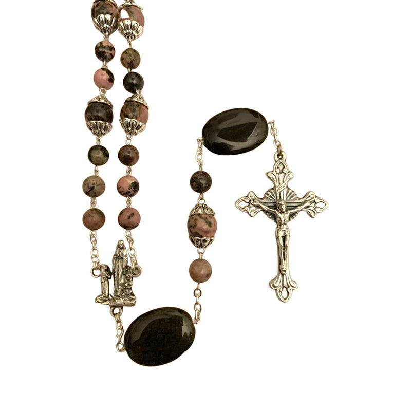 Rosary Necklace With Rhodonite & Obsidian
