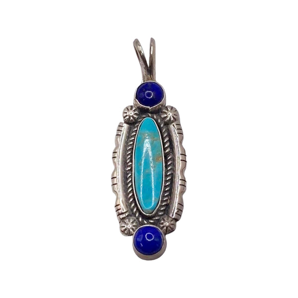 Handmade Navajo Turquoise With Lapis Pendant In Sterling Silver