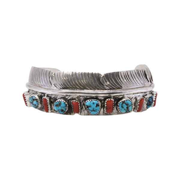 Vintage Navajo Sterling Silver Feather Bangle Cuff with Red Coral & Turquoise