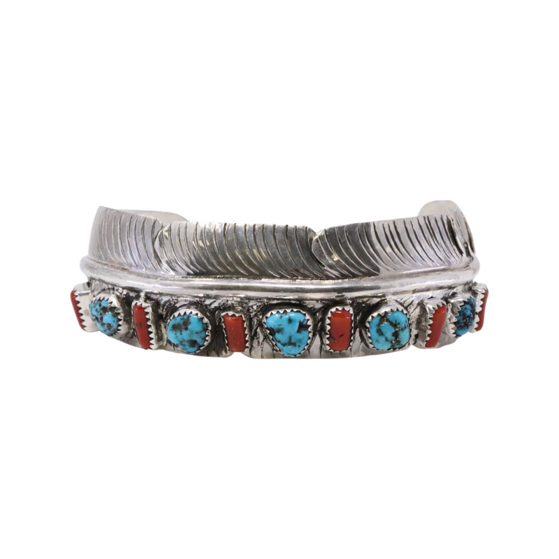 Vintage Navajo Sterling Silver Feather Bangle Cuff with Red Coral & Turquoise