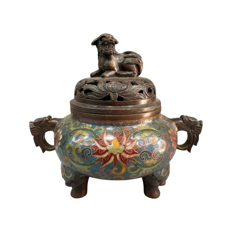 Copper Cloisonné Enamel Lion Cover Incense Burner