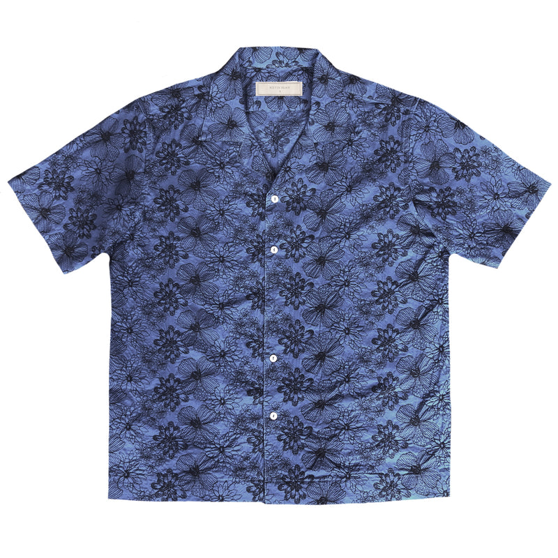 "Arata" Blue Embroidered Short Sleeve Shirt (Made to order)